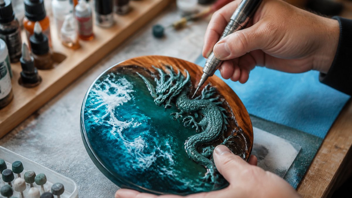 Artisan hands finishing a handcrafted resin piece with precision tools, showing detail work on intricate surface textures in natural workshop lighting