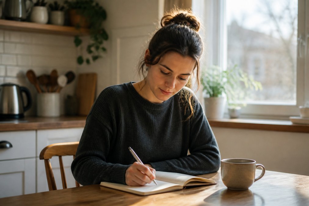 A busy professional woman sitting at a kitchen table in the early morning, holding a pen over an open minimalist journal with a cup of coffee nearby, soft natural light through a window