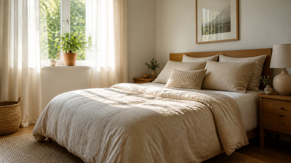 Serene bedroom with soft natural light streaming through sheer curtains, featuring a neutral linen bedspread, wooden nightstands, a potted plant on the windowsill, and minimal visible objects on surfaces