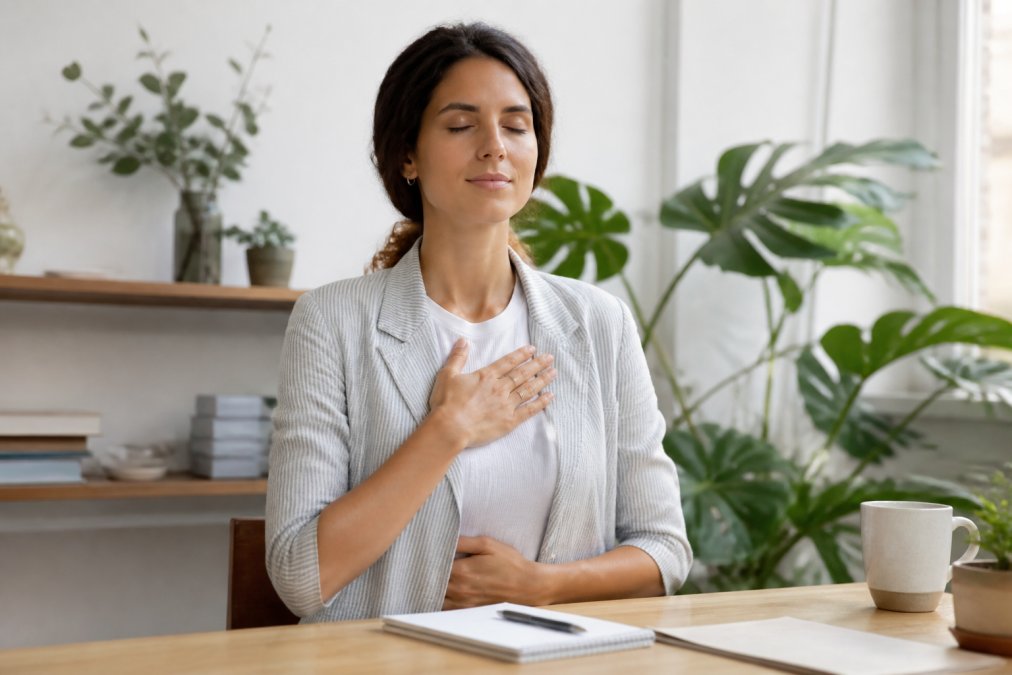 A professional woman sitting at her desk with eyes closed, one hand on her chest, practicing a breathing exercise in a bright home office with a plant and coffee mug nearby