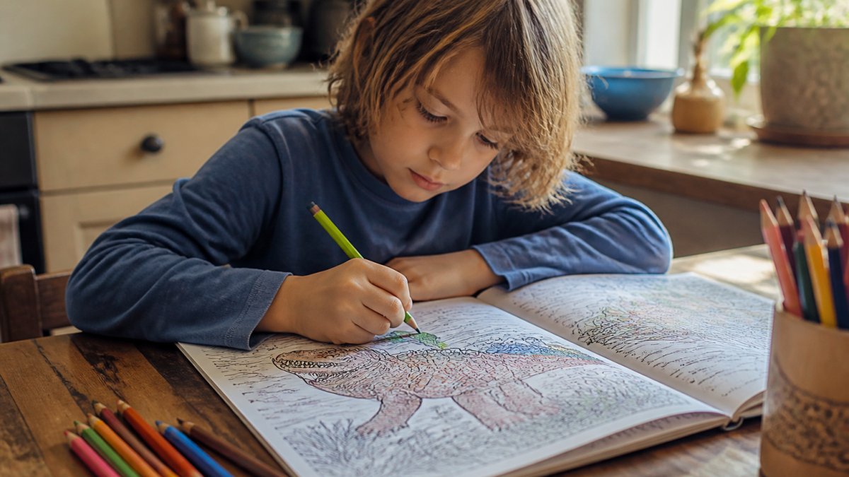 A child sitting at a kitchen table coloring a detailed dinosaur page with colored pencils, soft afternoon light through a window, calm and focused posture