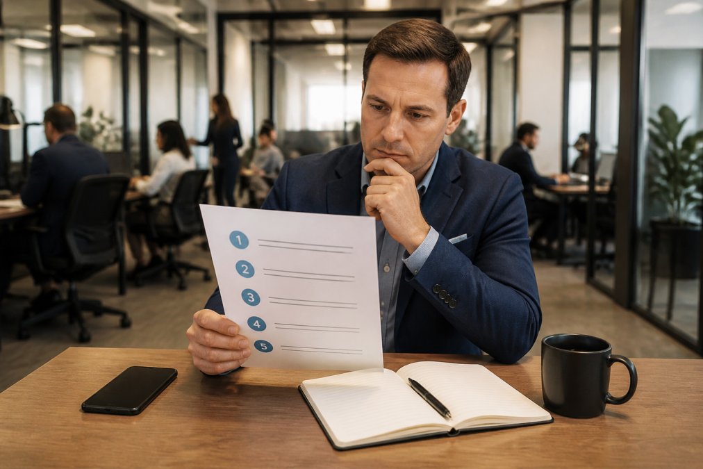 A broker at a desk with a printed five-step framework checklist, phone face down, notepad open, reviewing intent before a call in a busy brokerage office