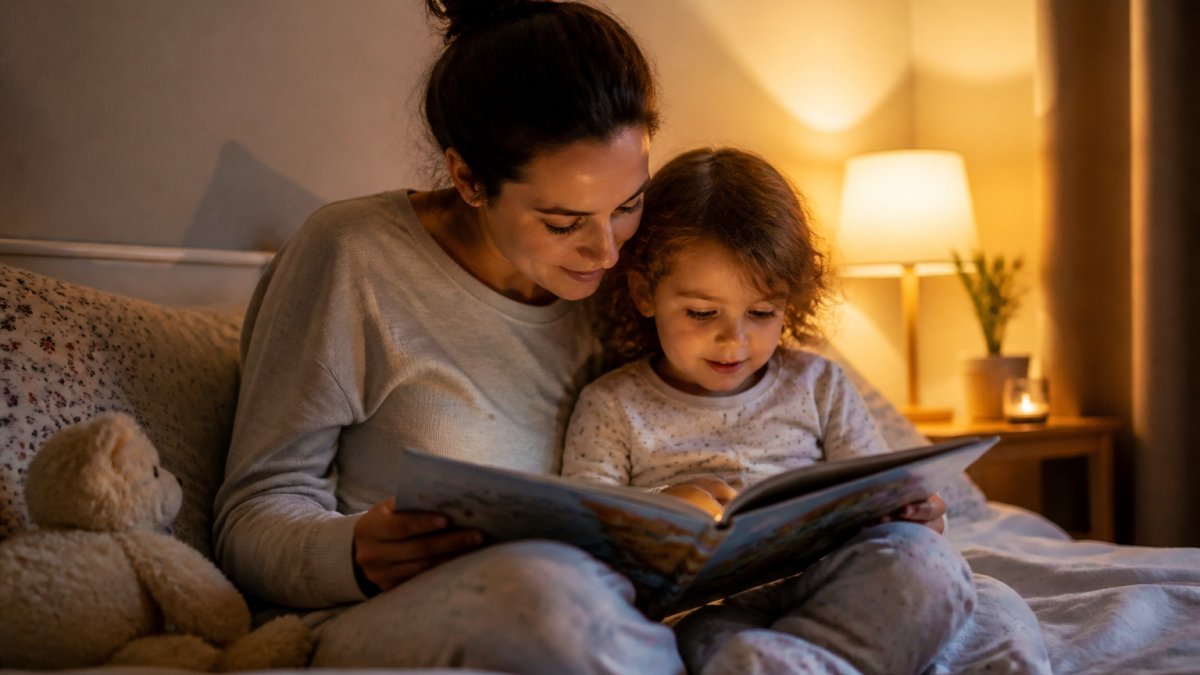 A parent and young child sitting together on a bed in a softly lit bedroom, reading a picture book, both calm and engaged, warm evening light