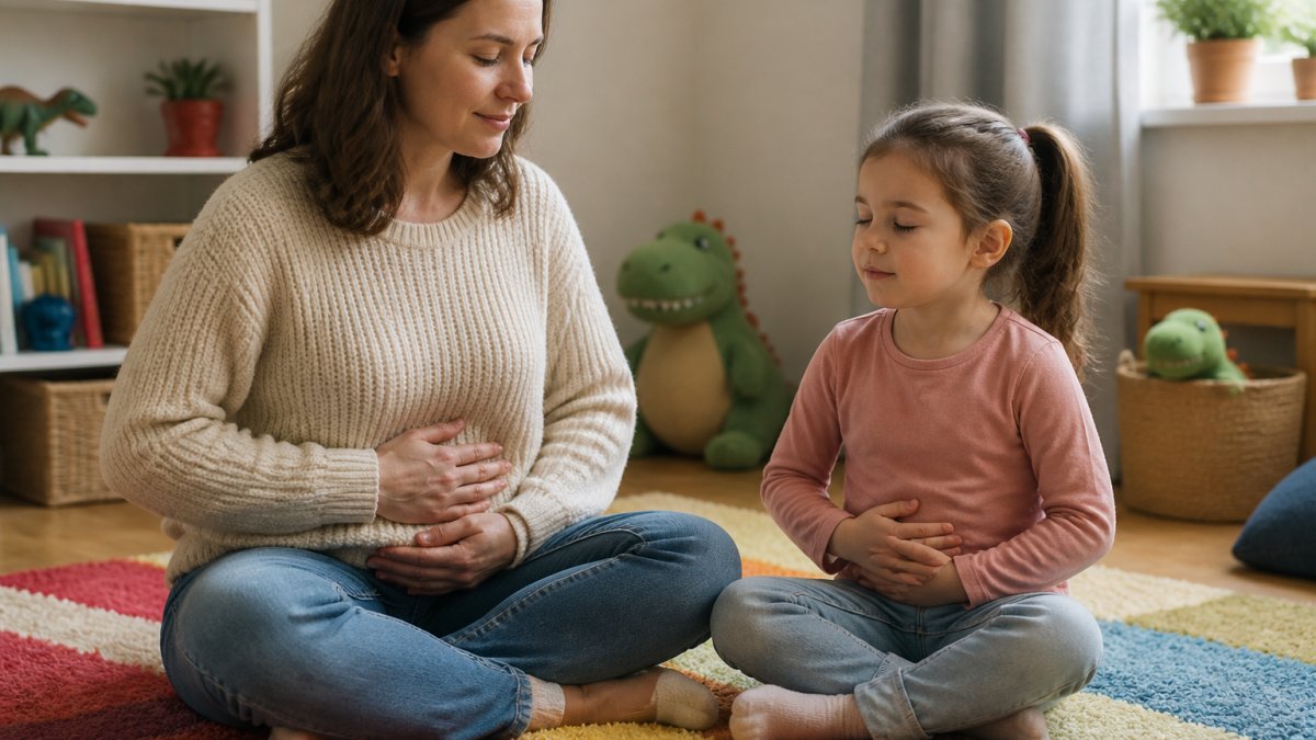 Parent and young child sitting together on a colourful rug, both with hands resting on their bellies, practising calm breathing with gentle, relaxed expressions in soft natural lighting