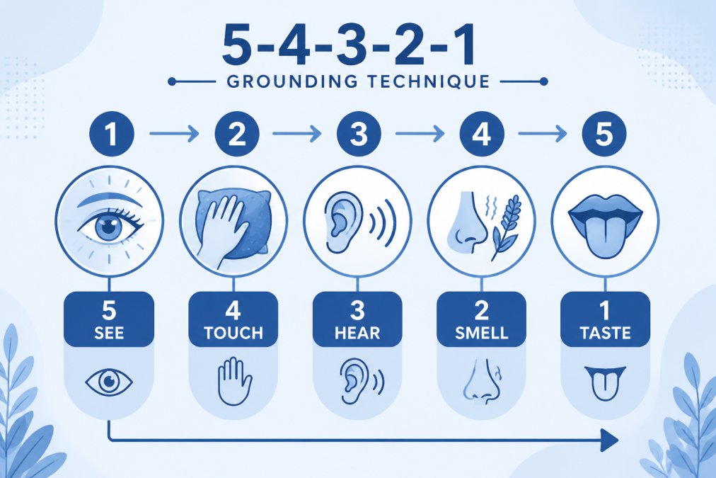 Flowchart showing the 5-4-3-2-1 grounding technique: 5 things you see, 4 things you touch, 3 things you hear, 2 things you smell, 1 thing you taste