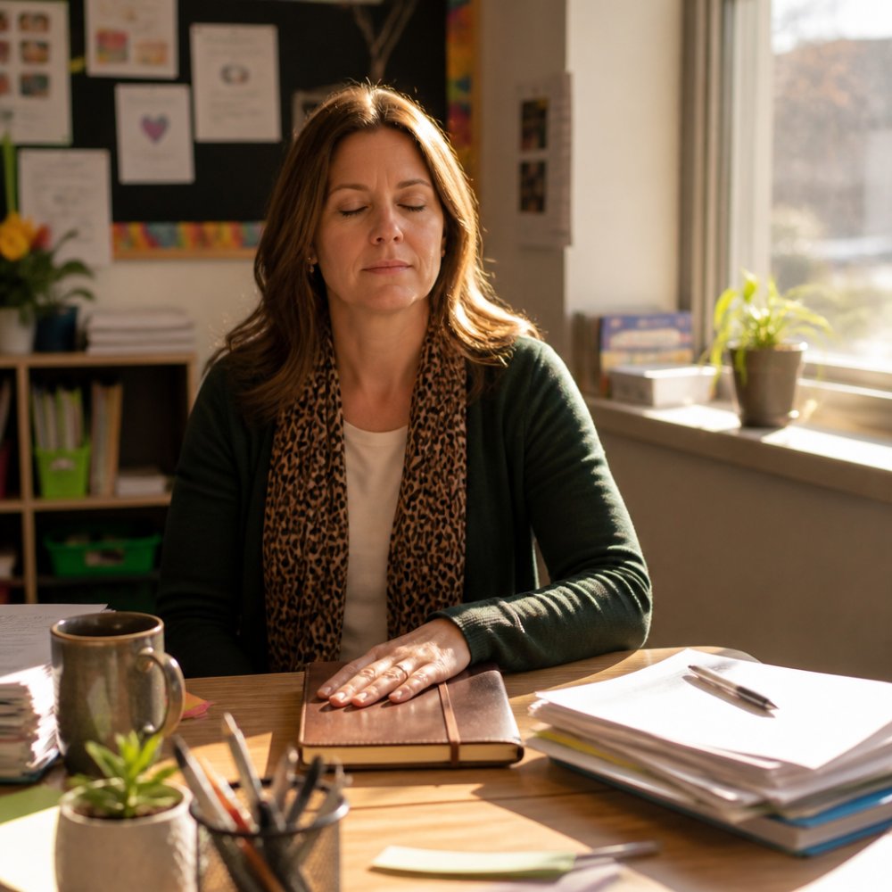 Teacher sitting at a classroom desk with eyes closed, resting a hand on a journal during a quiet break.