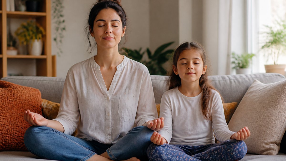 Parent and young child sitting together on a comfortable sofa with eyes gently closed in a peaceful pose, natural daylight streaming through a window nearby, warm home setting with soft furnishings and plants