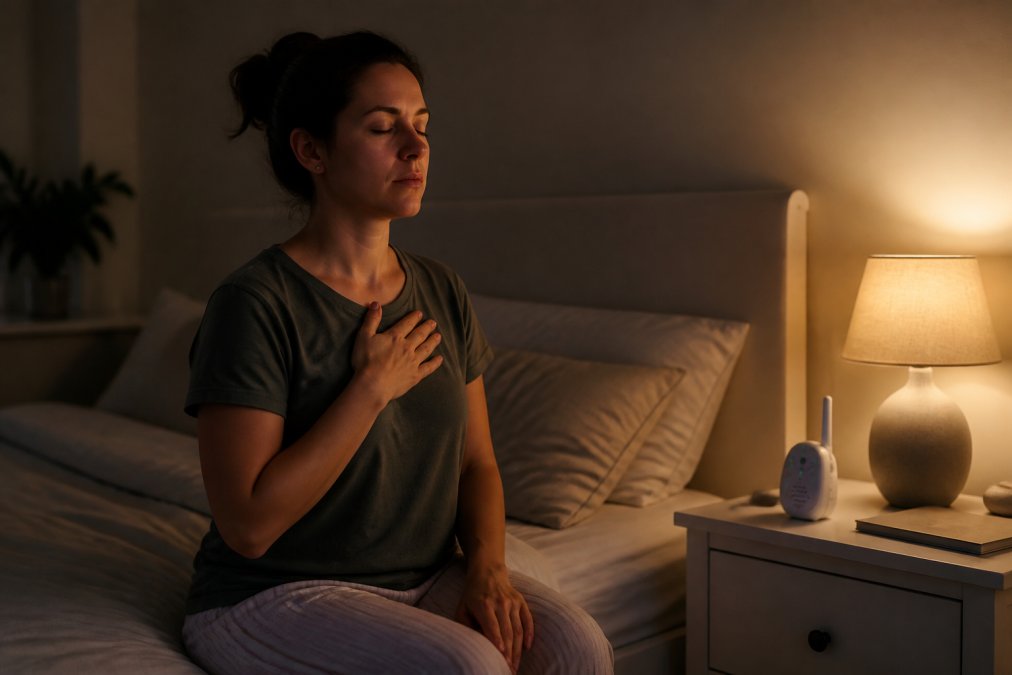 A parent sitting on the edge of a bed in a softly lit bedroom at night, eyes closed, one hand resting on their chest, taking a slow deep breath while a baby monitor sits nearby on the nightstand