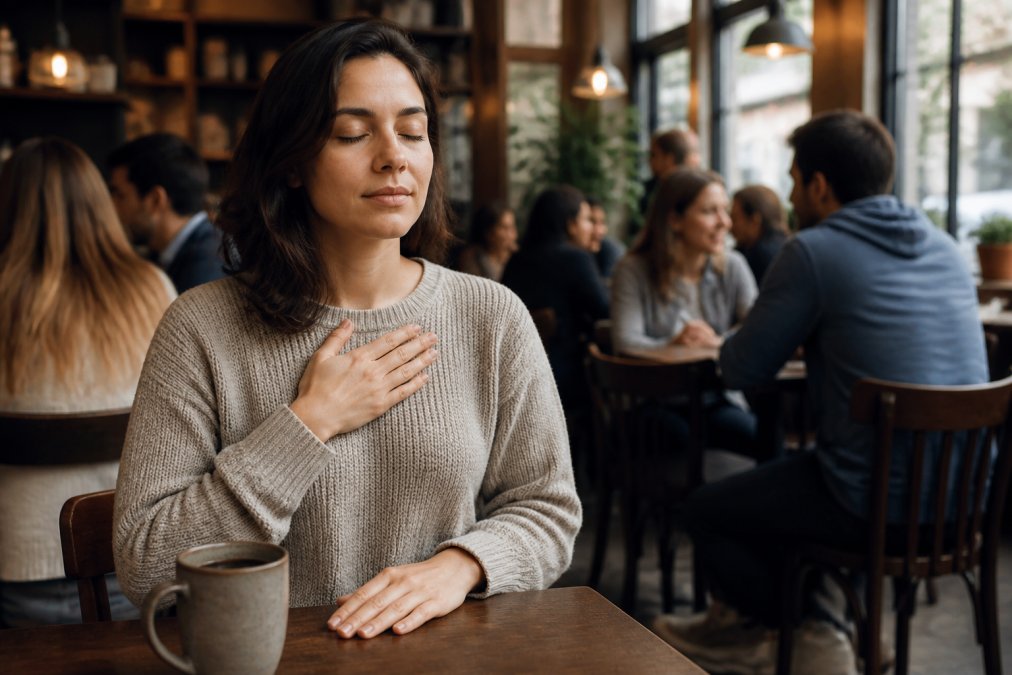 Infographic showing a discreet breathing technique to manage social anxiety in a busy public coffee shop setting
