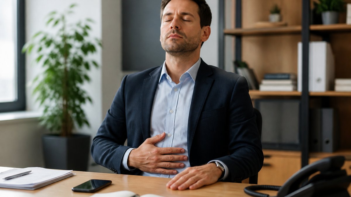 Sales professional in business attire sitting at desk, taking a deliberate pause with hand on desk, practicing controlled breathing during a busy workday with computer and phone visible