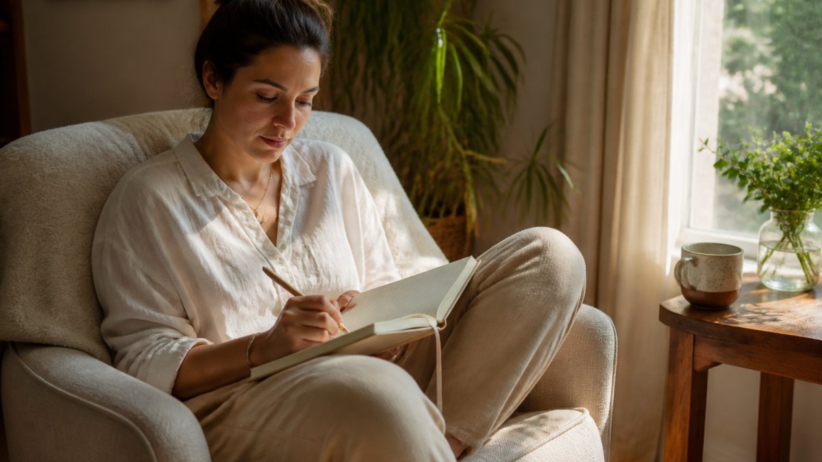 A woman in her thirties sitting in a sunlit corner of a living room, writing in a cream-colored lined journal with a ribbon bookmark, a ceramic mug beside her on a wooden side table