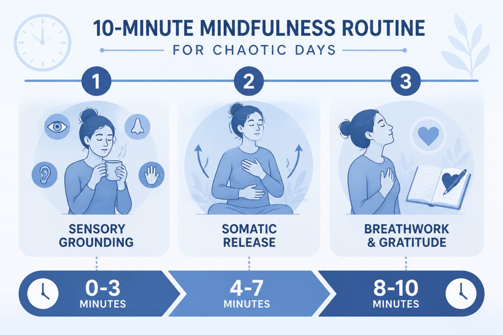 Infographic timeline of a 10-minute routine for mindfulness habits featuring sensory, somatic, and breathwork steps.