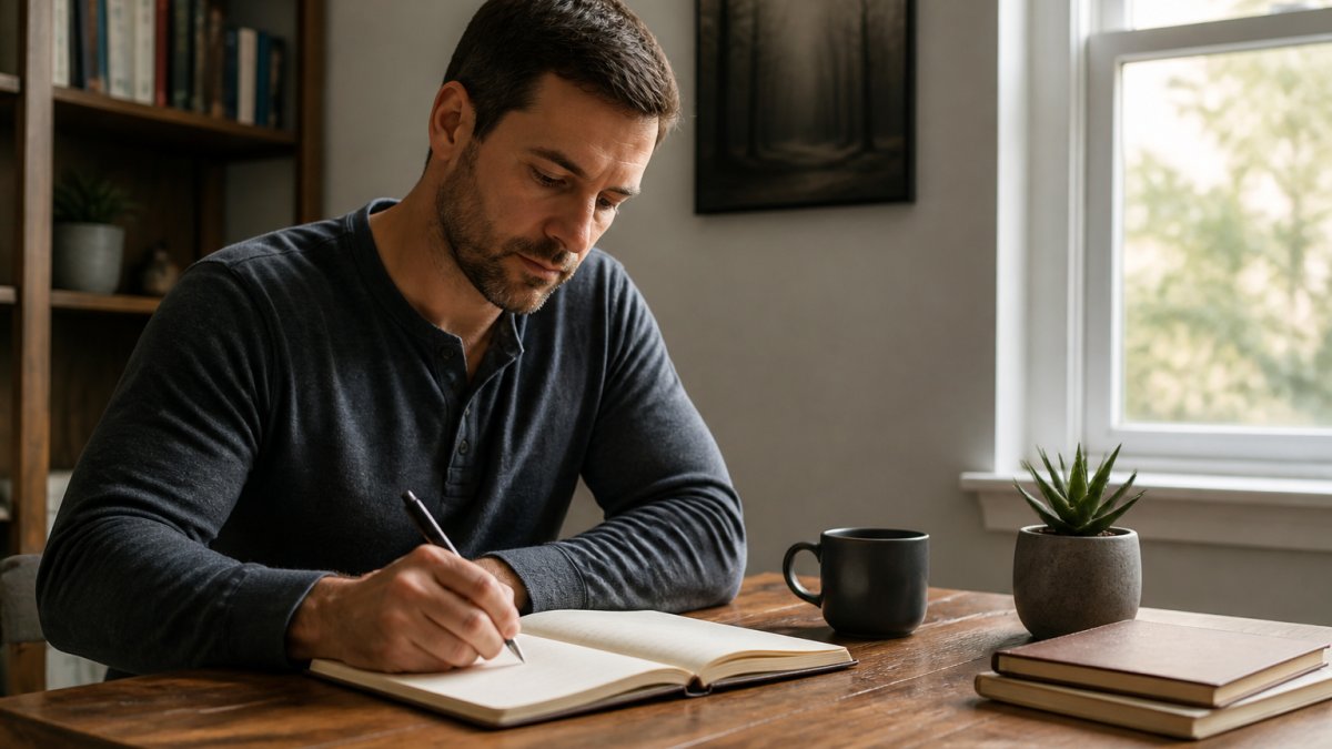 Man sitting at a wooden desk in a calm room, writing in an open journal with a pen, soft natural light from a window, coffee mug nearby, peaceful atmosphere