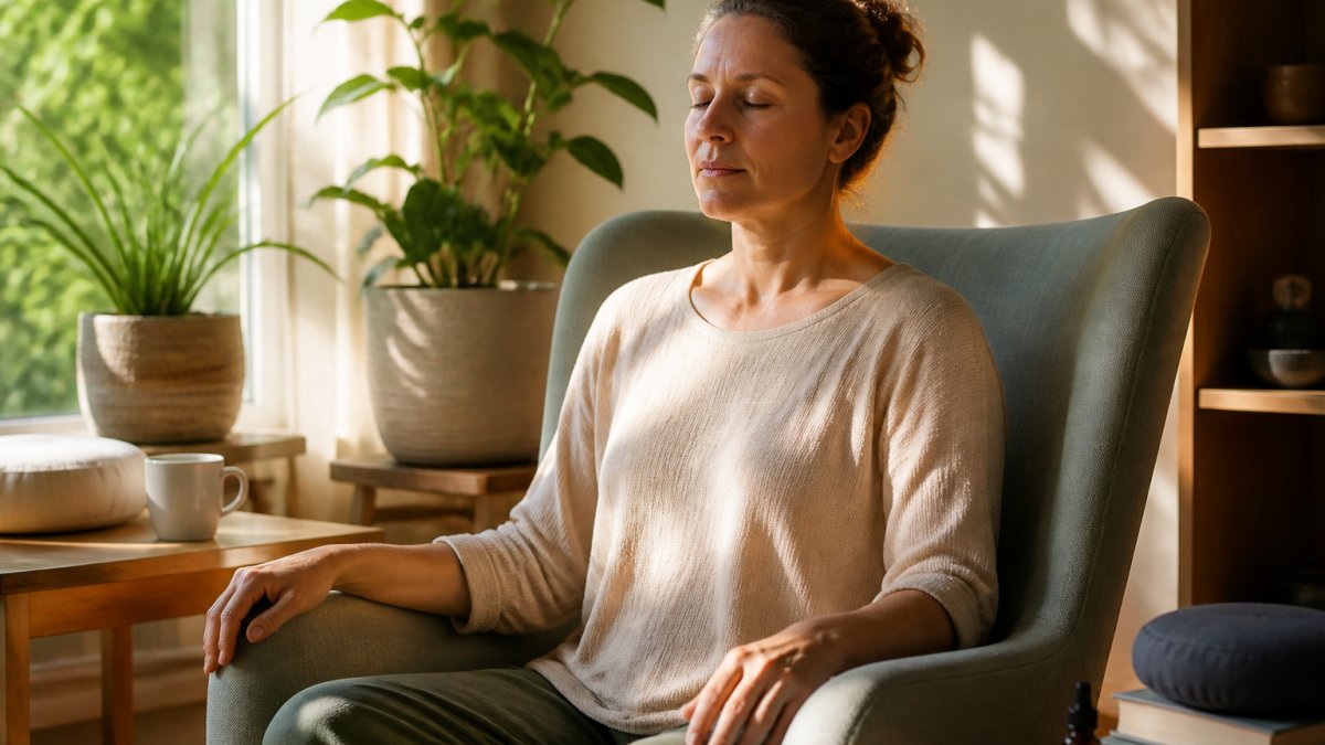 Person sitting in comfortable chair with eyes closed, one hand resting on knee, natural window light streaming across face, peaceful home setting