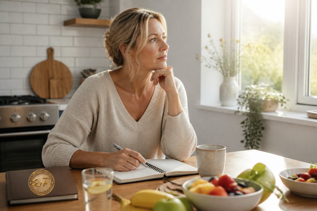 Woman sitting at a kitchen table looking thoughtful, with a journal and healthy food nearby, natural morning light streaming through a window