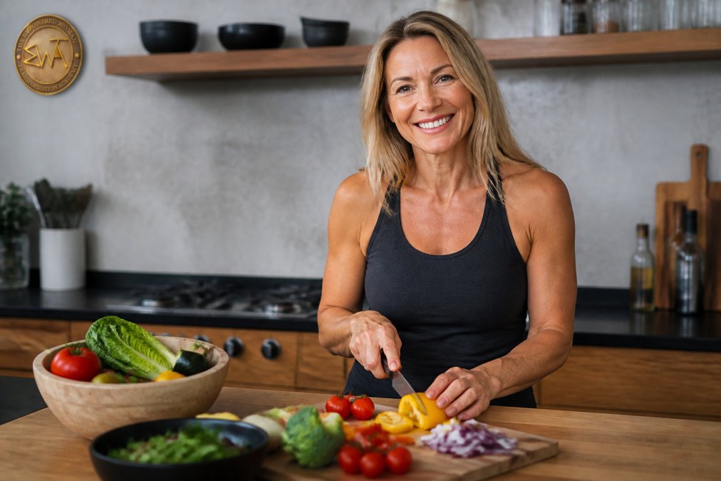 Woman smiling confidently while preparing healthy food in a bright kitchen, showing strength and self-assurance