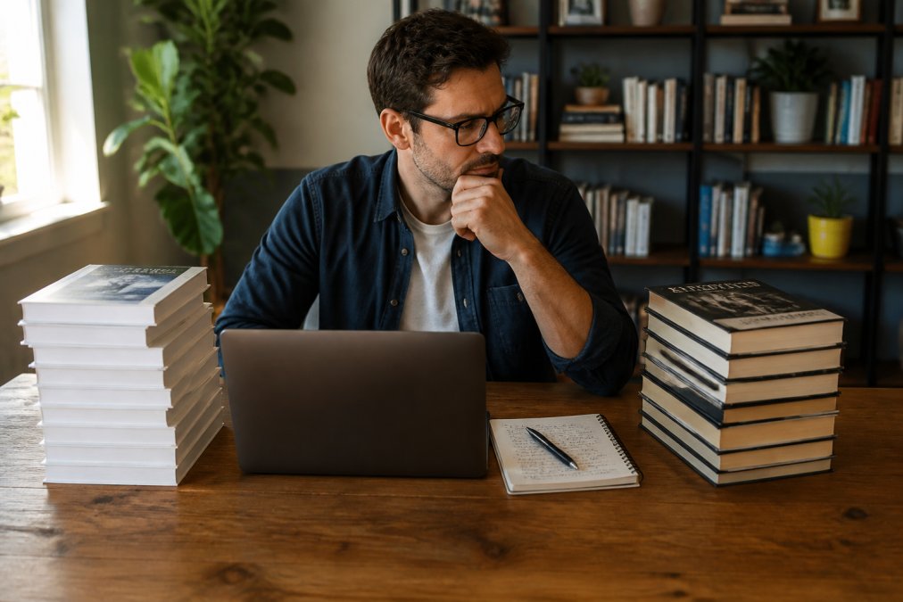 An author reviewing two stacks of printed books on a wooden desk in a home office, laptop open to a publishing dashboard, handwritten notes beside it, warm afternoon light