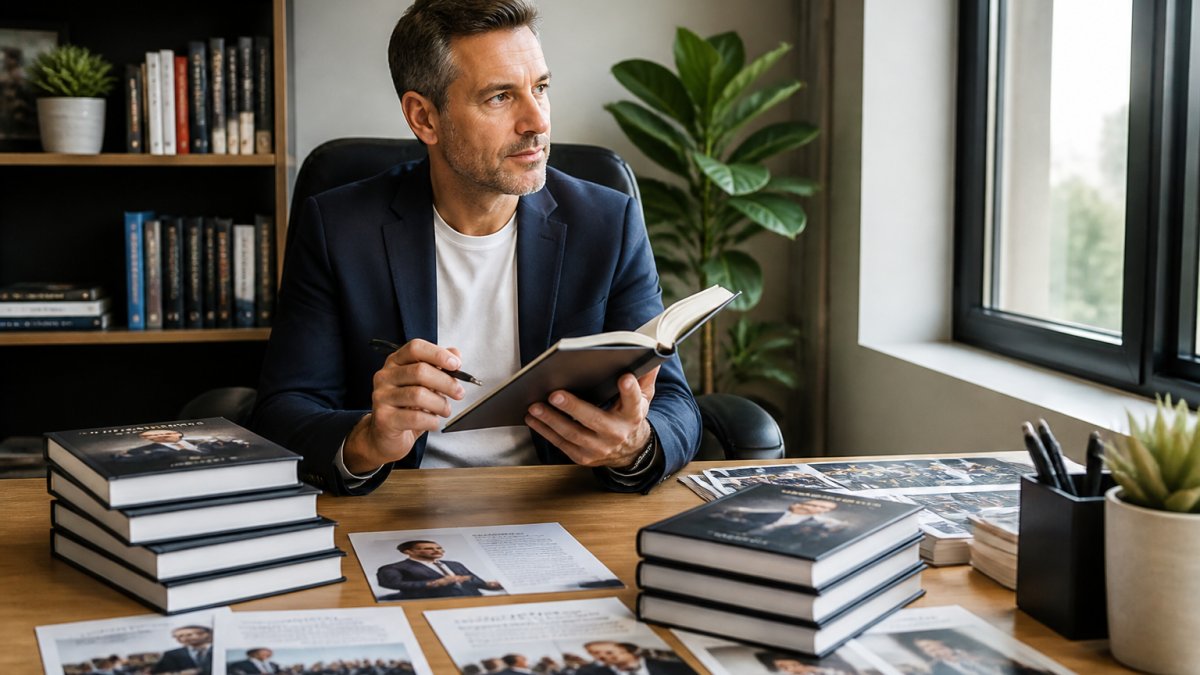 Consultant reviewing a book launch strategy while utilizing professional self-publishing services in a bright office.