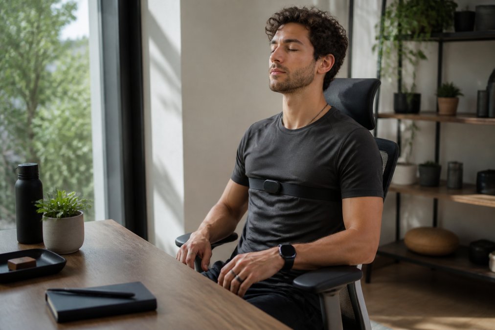 Person wearing multiple wearable biofeedback devices (smartwatch, ring, chest sensor) sitting at an ergonomic home desk with proper posture, natural light streaming through window, calm workspace with plants