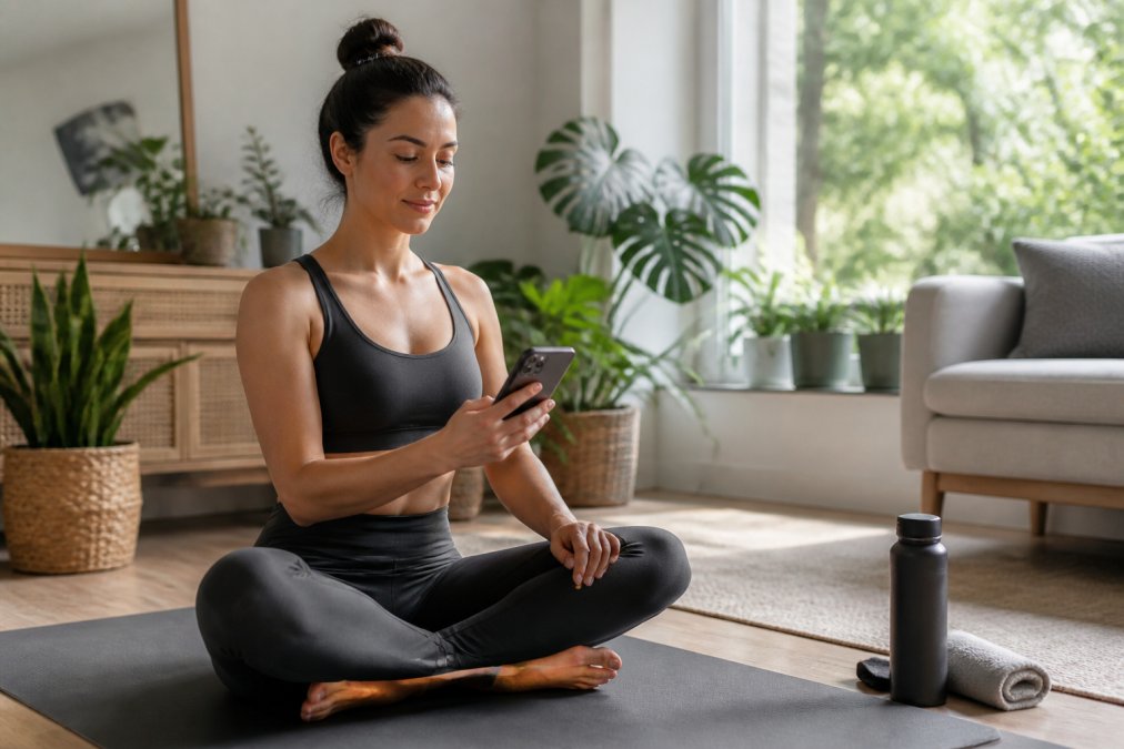 Person sitting peacefully on yoga mat in bright home wellness space with plants and natural morning light, smartphone displaying meditation app with calm interface, serene expression