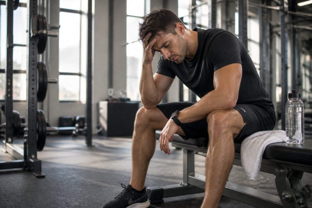 Fit person sitting on a gym bench looking exhausted after a workout