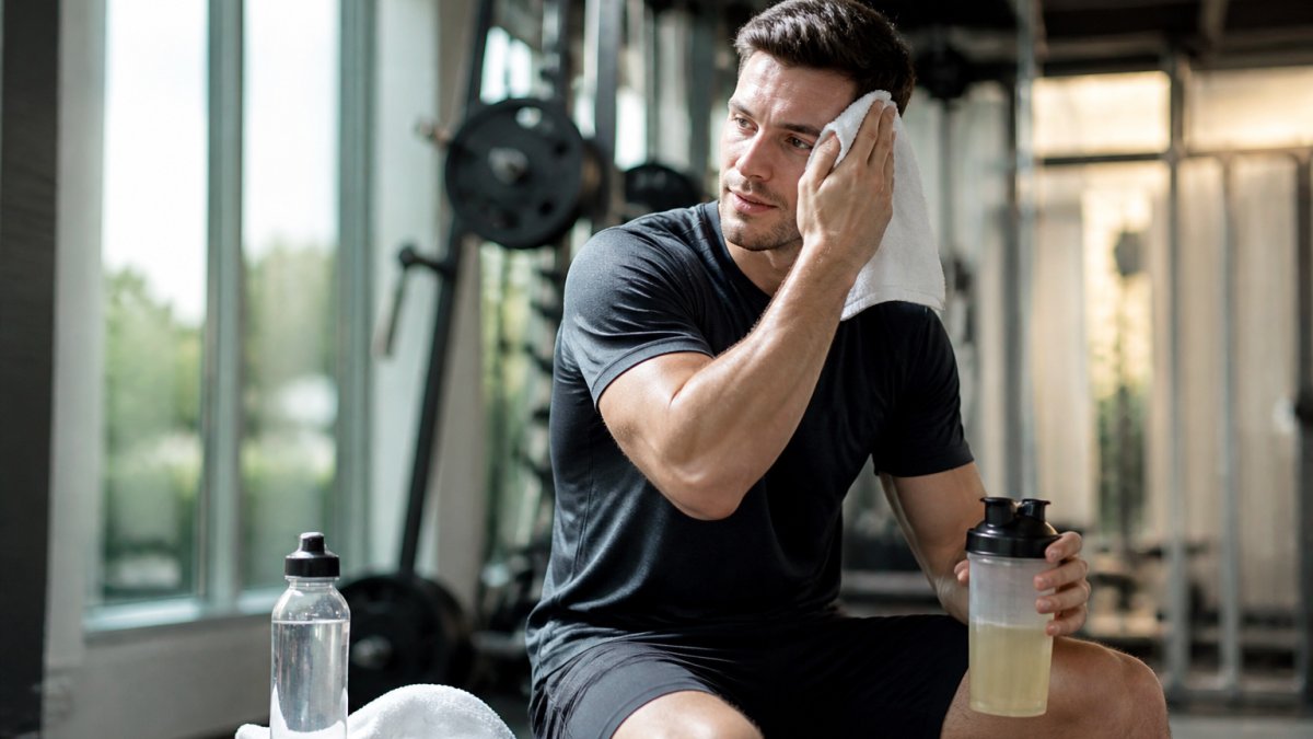 Athlete in gym setting holding mineral supplement drink bottle with water bottle and towel nearby, wiping sweat after intense training session with natural lighting