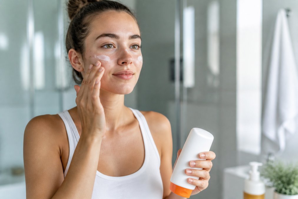Young woman applying mineral sunscreen in a bright bathroom to help decide between mineral vs chemical sunscreen