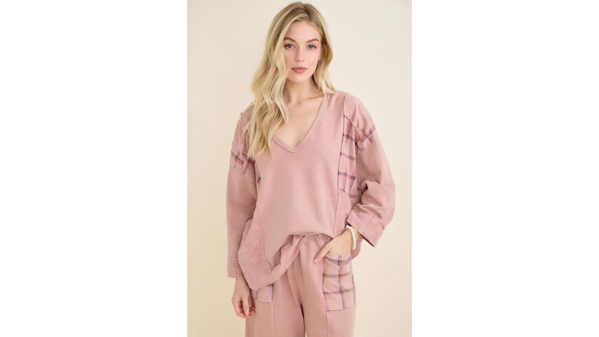 Mineral Wash Patchwork Boho V-Neck Blouse (J.HER)