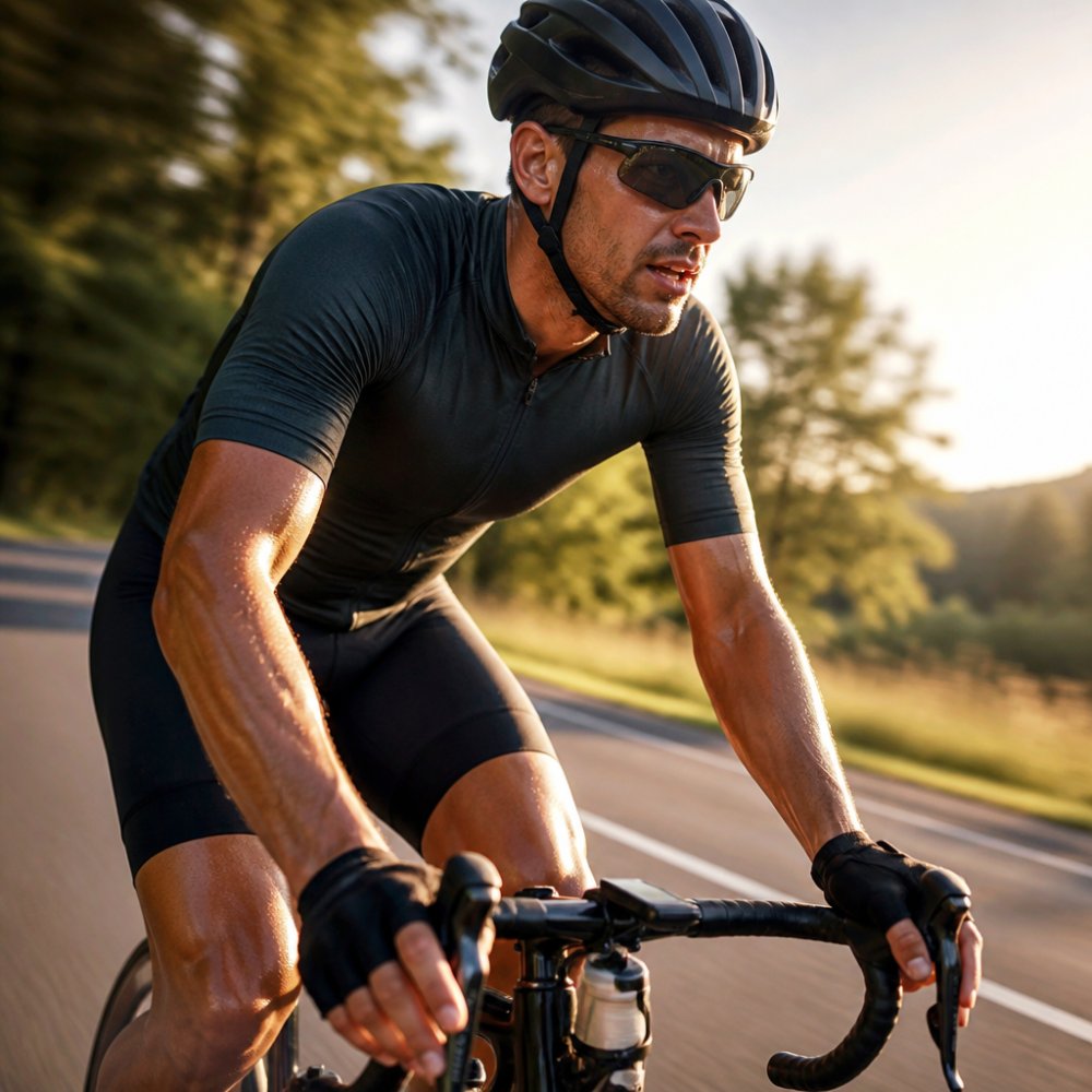 Ausdauersportler beim Radfahren, der für Mineralien für Sportler auf seinen Elektrolythaushalt achtet.