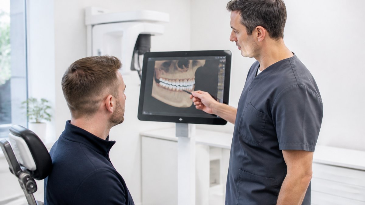 A dentist in a modern clinic showing a patient their 3D dental scan on a monitor, explaining jawbone density results in a calm, reassuring manner
