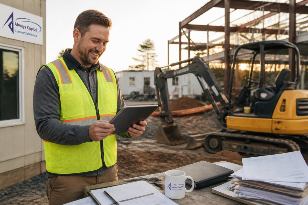 Construction business owner reviewing mini excavator financing approval on a tablet at a job site