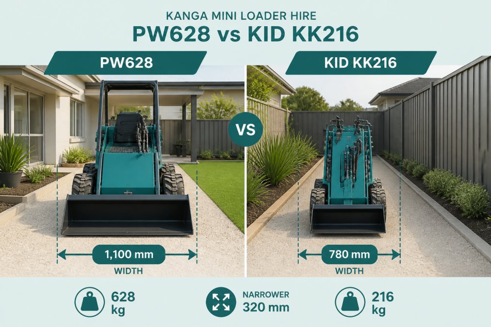 Comparison diagram showing the width difference between KID KK216 and PW628 mini loaders to help evaluate mini loader hire