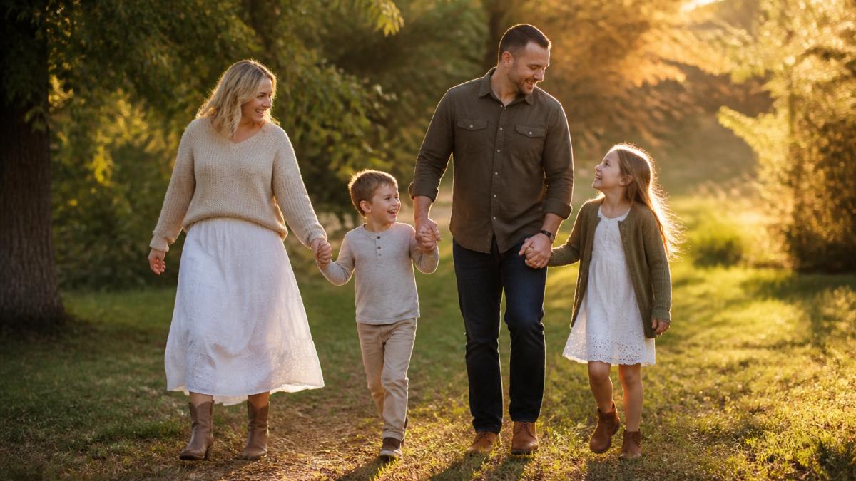 A relaxed family walking together through a sunlit park during golden hour, parents laughing with two children, natural candid moment with warm backlighting and soft movement