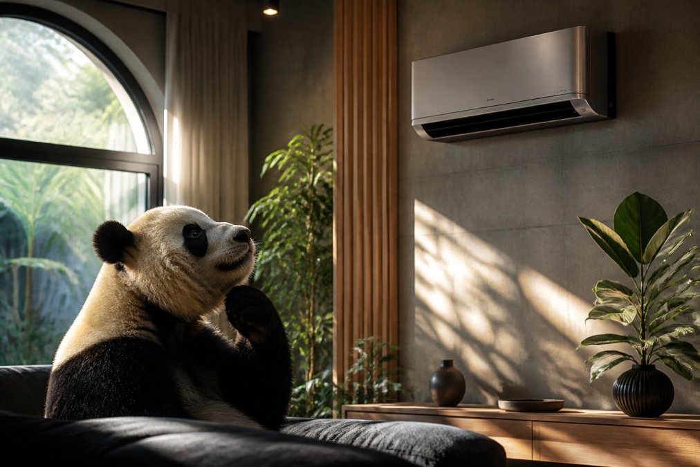 Un oso panda curioso observando un mini split de diseño moderno instalado en una pared de un salón luminoso, con acabados elegantes y plantas decorativas alrededor