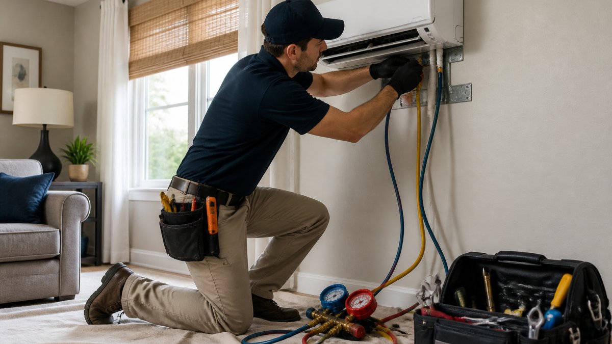 HVAC technician connecting refrigerant lines during a professional mini split installation in a living room