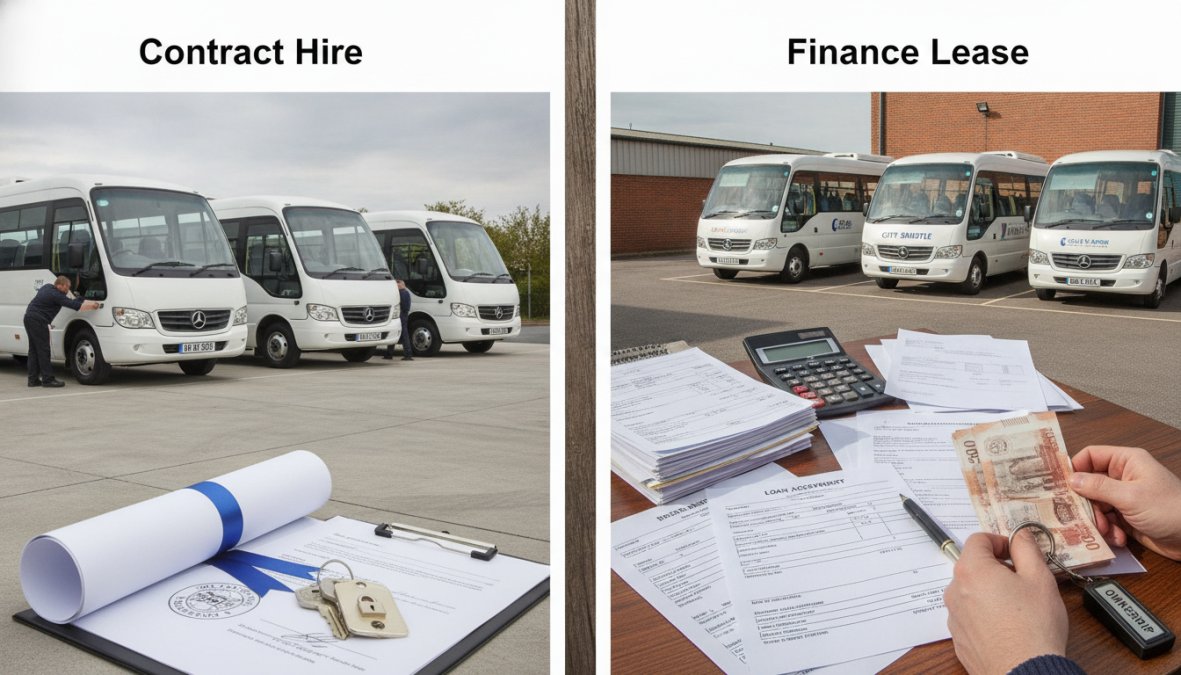 Fleet manager reviewing financial spreadsheets and cost analysis documents at desk with minibus fleet details visible in background, natural office lighting