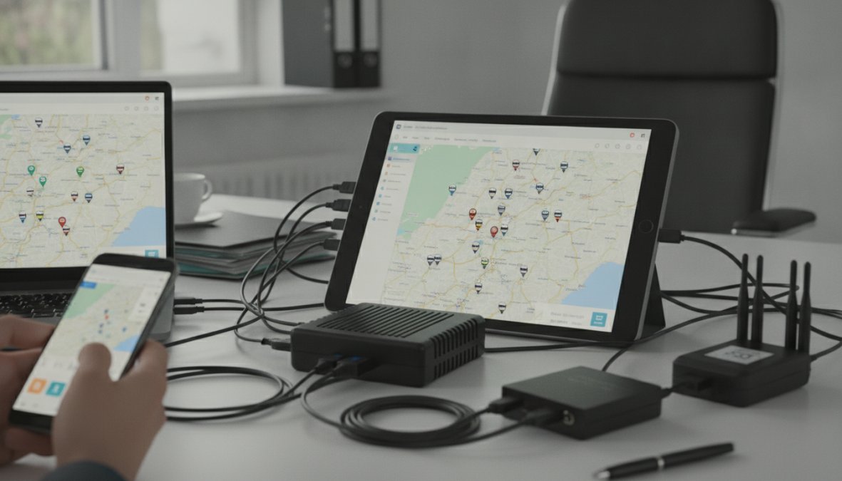 Fleet manager reviewing minibus tracking data on a dashboard display in a modern operations centre, with multiple vehicle locations visible on screen and colour-coded vehicle status indicators