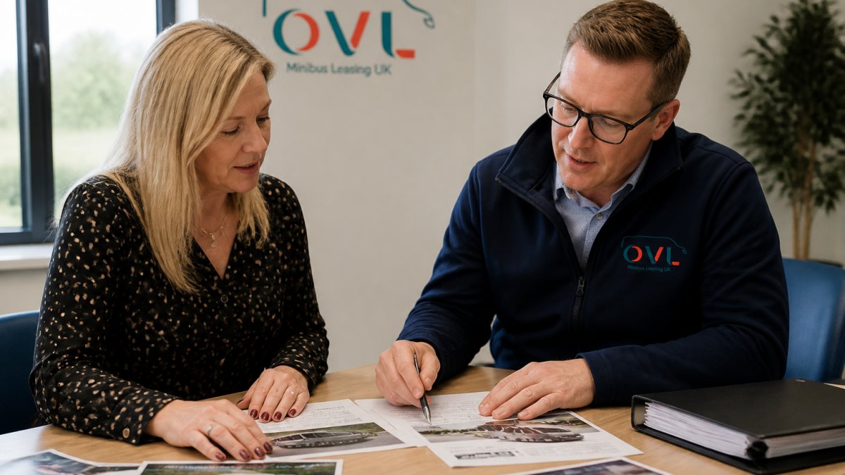 School business manager and fleet supplier account manager reviewing minibus specifications and procurement documents at a desk with a laptop and vehicle brochures in a modern office setting with natural light