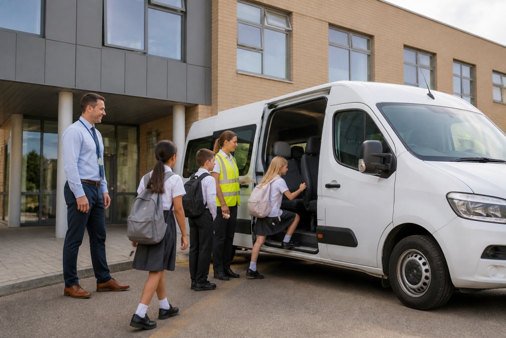 A well-maintained minibus parked outside a modern school building with staff members and pupils boarding safely, natural daylight illuminating the scene