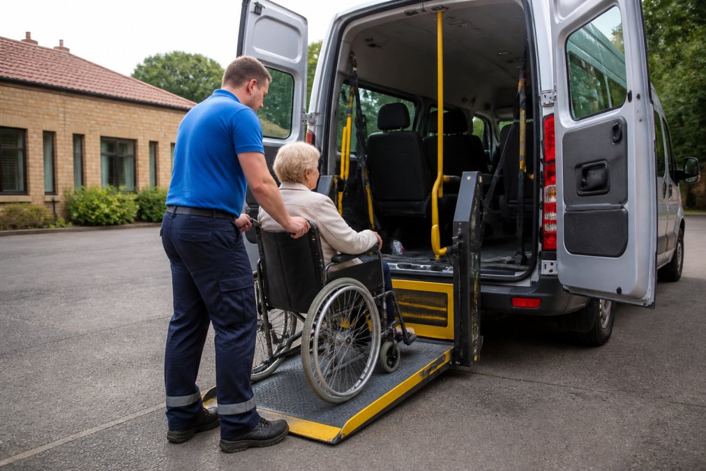 Interior view of an accessible minibus with a hydraulic tail lift deployed at ground level, a care worker assisting a resident in a manual wheelchair onto the lift, modern handrails and safety signage visible, bright natural lighting from side windows
