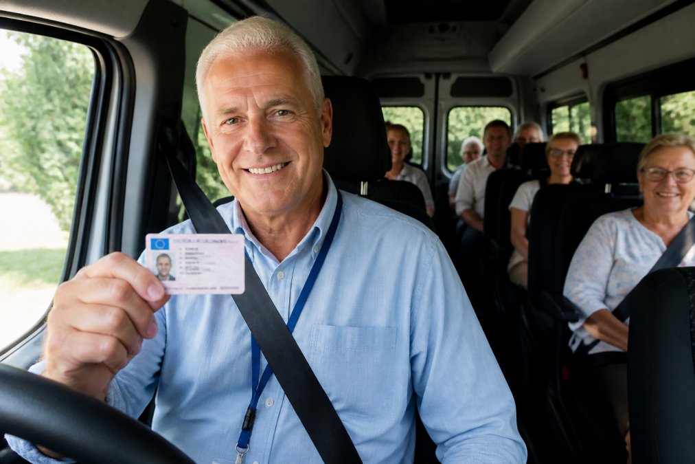 A professional driver holding their DVLA driving licence card, seated in the cab of a minibus with passengers visible in the background, natural daylight from the side window