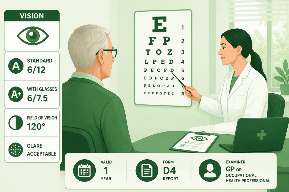 A GP or occupational health professional conducting a vision assessment with an older driver in a clinical setting, with an eye chart visible on the wall and natural lighting