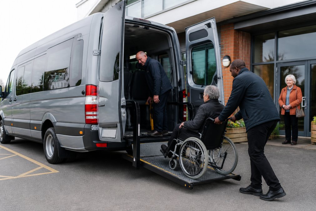 A modern accessible minibus with hydraulic wheelchair lift deployed, showing residents boarding safely outside a community centre with natural afternoon lighting