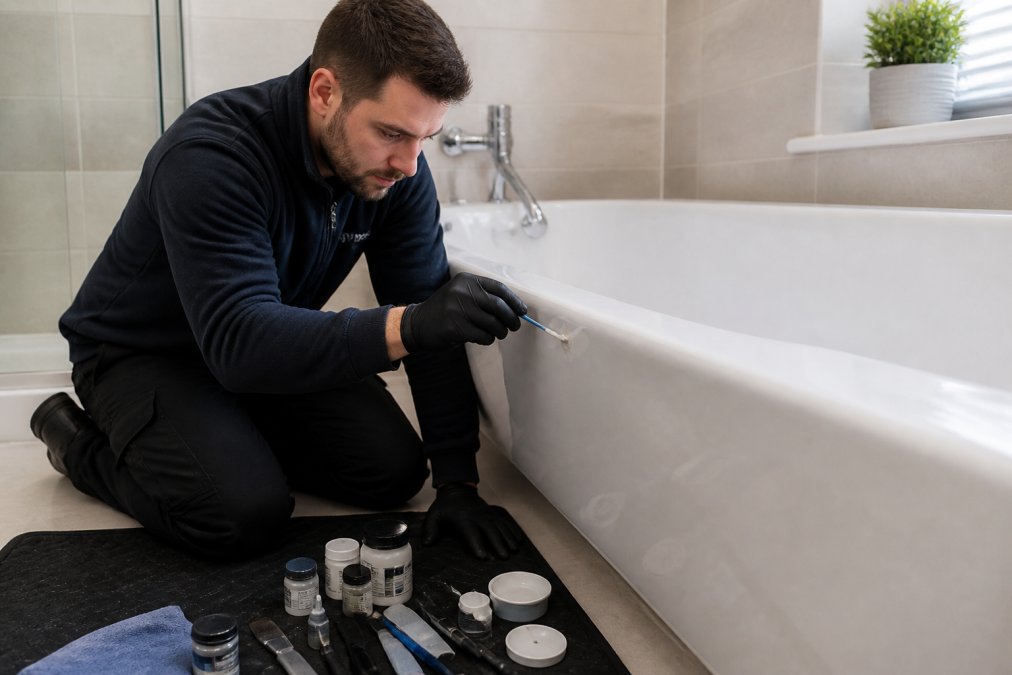 A technician in a clean uniform kneeling beside a bath in a bright bathroom, carefully applying a specialist repair compound to a chip, with repair tools laid out on a protective mat nearby