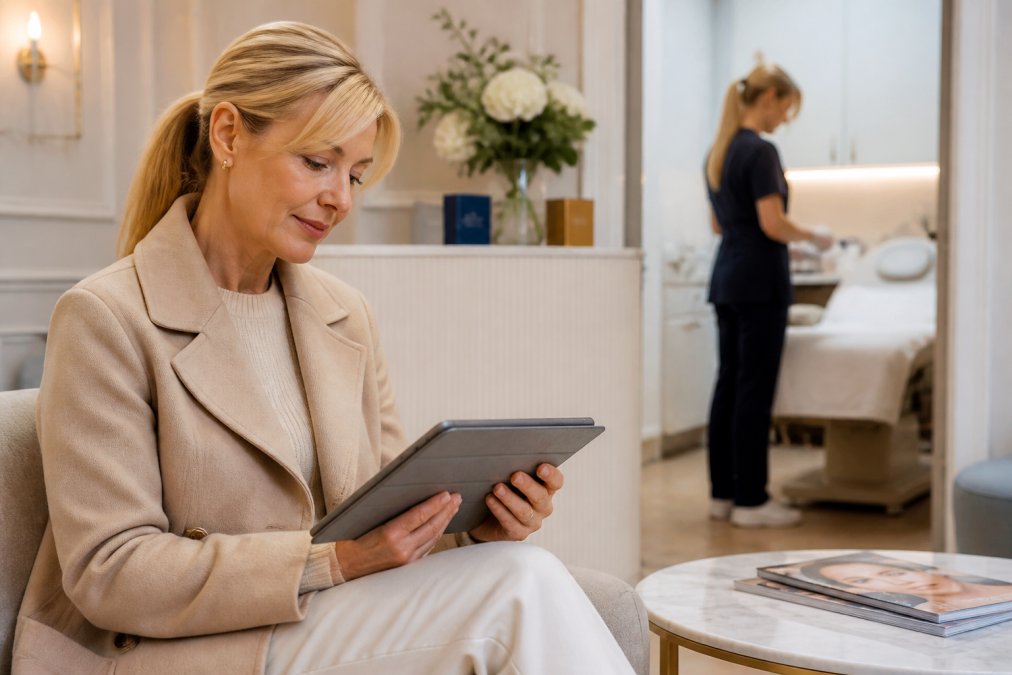 Woman reviewing her schedule in a clinic before downtime aesthetic treatments