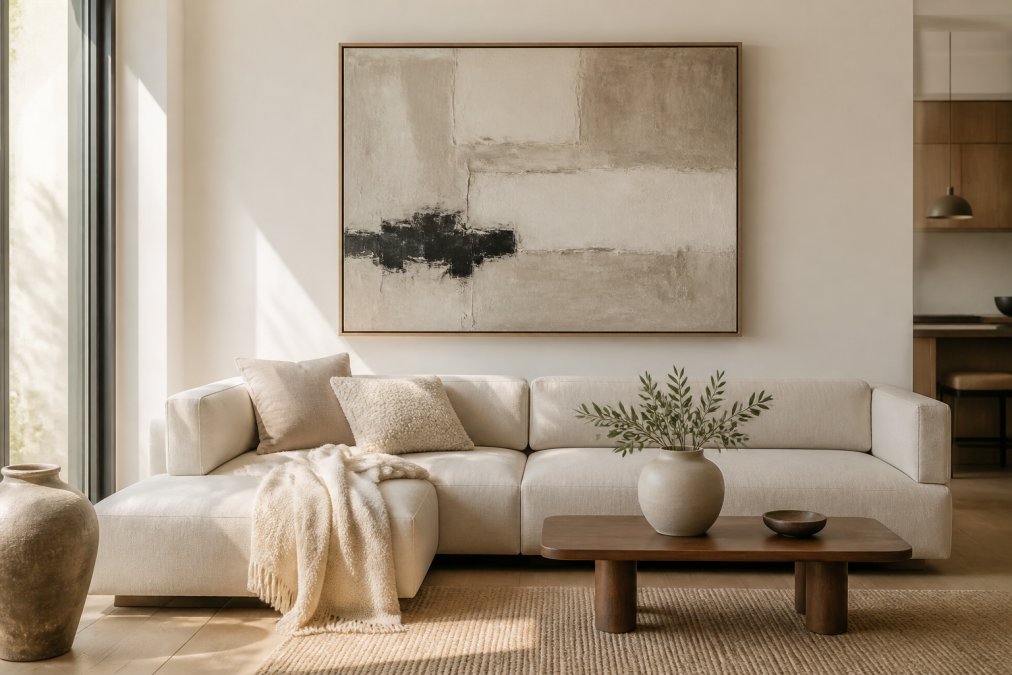 A bright modern living room with a large, textured minimalist abstract painting in neutral tones above a low-profile sofa, styled with a ceramic vase and a soft throw blanket