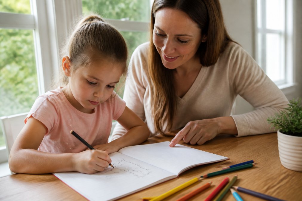 A parent and child sitting at a wooden table working on a minimalist dot-to-dot activity book, colored pencils scattered nearby, natural light through a window, calm and focused atmosphere