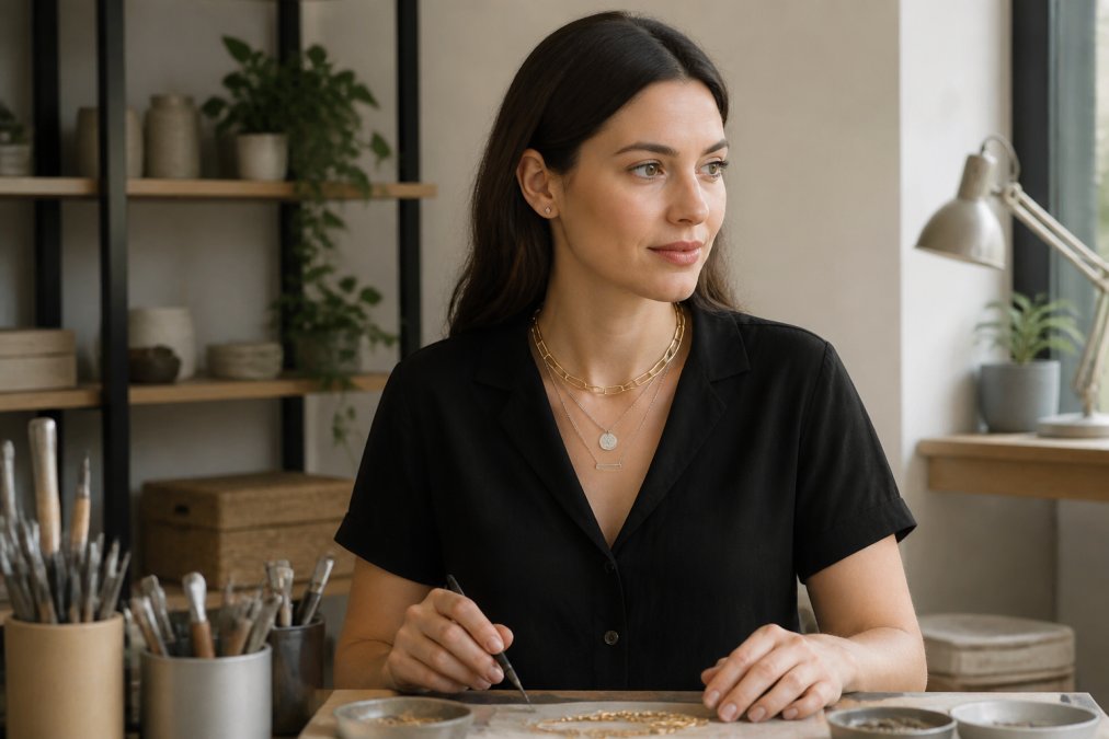 Woman wearing layered minimalist silver necklaces and simple stud earrings at a modern workplace, demonstrating effortless everyday styling with natural office lighting