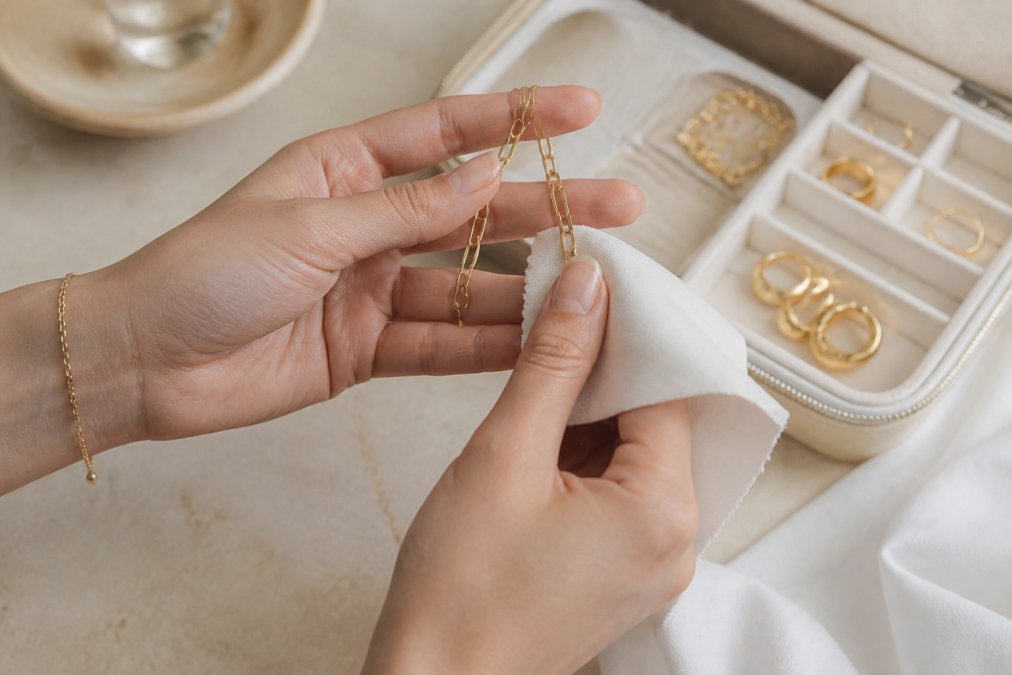 Close-up of hands gently cleaning a sterling silver necklace with a soft cloth, with jewellery storage box visible in the background, showing proper care technique
