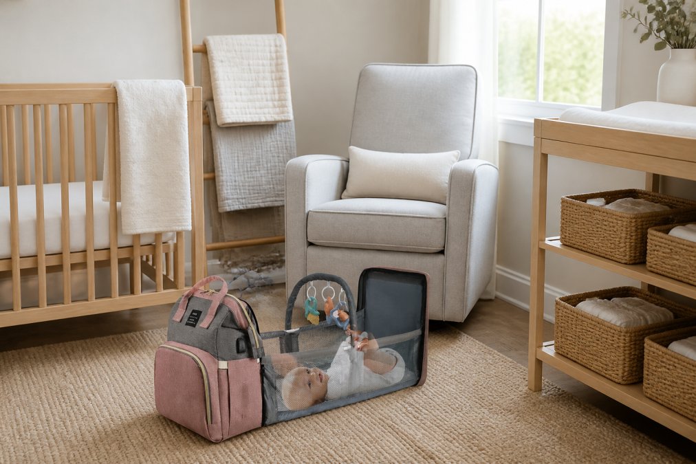 Minimalist nursery corner with a simple wooden crib, folded muslin blankets draped over a wooden rail, a soft gray nursing chair positioned by a window with natural light, and a low wooden changing table with organized woven baskets beneath it, all in neutral tones